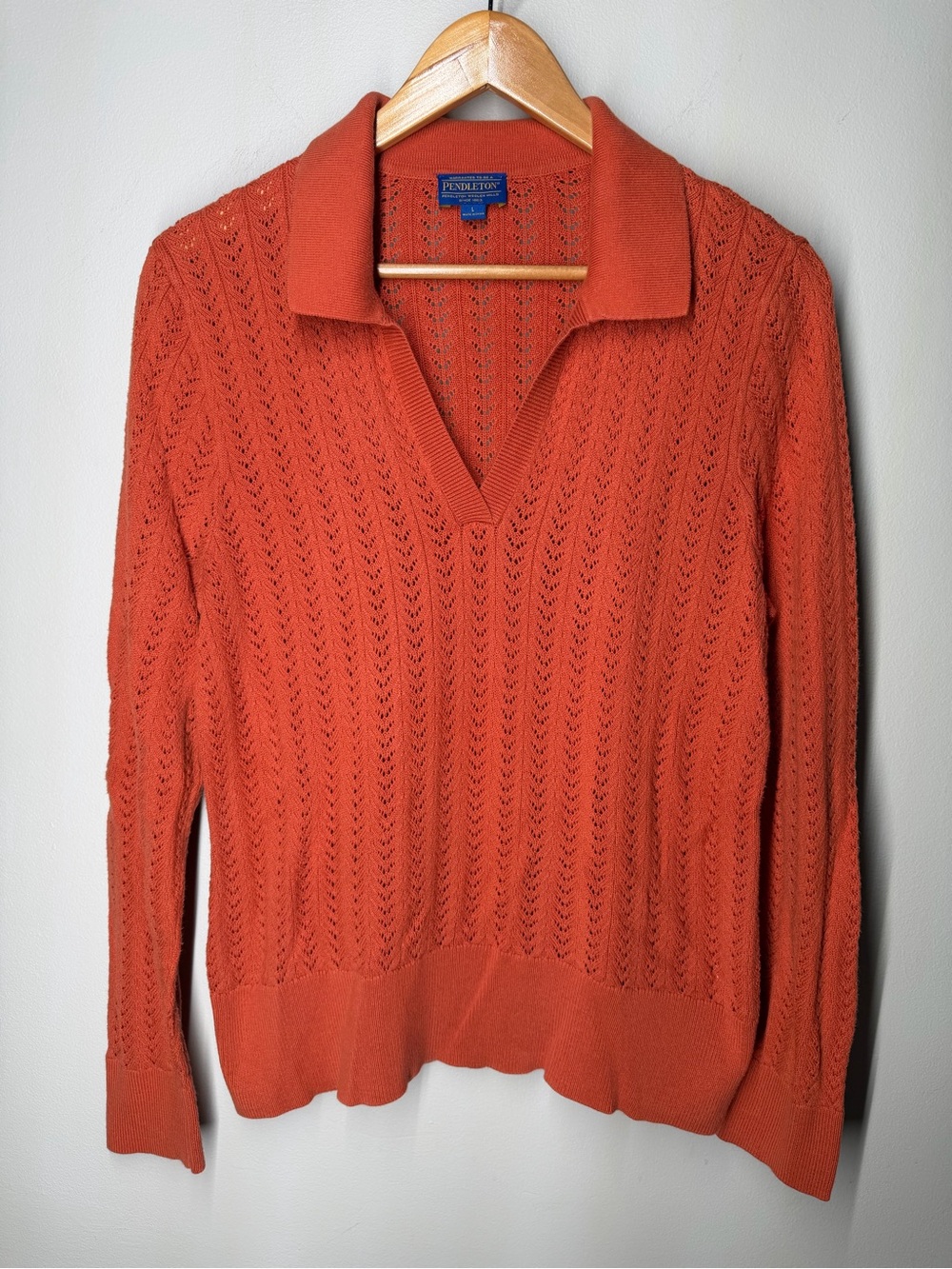 Pendleton Pointelle Polo Sweater Burnt Orange Boho Artsy Knit Layering